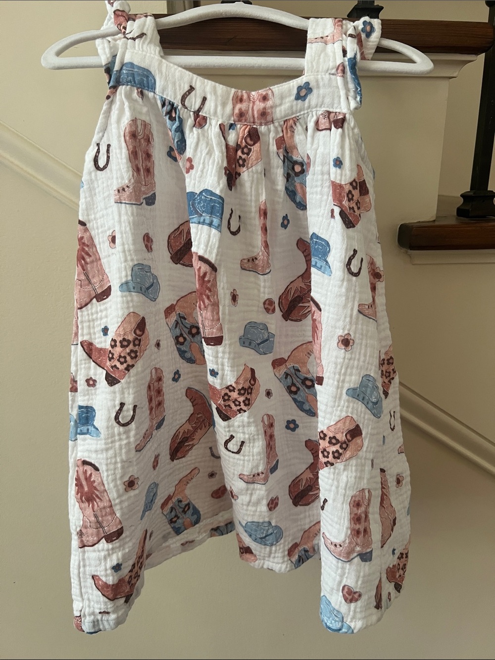Angel Dear White Cotton Dress with Pink and Blue Cowboy Print